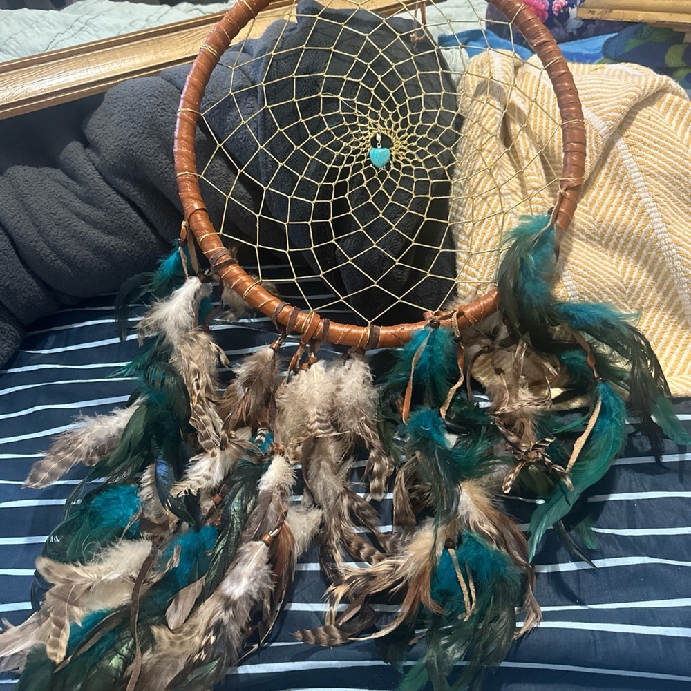 Handcrafted Dreamcatcher with Teal and Brown Feathers